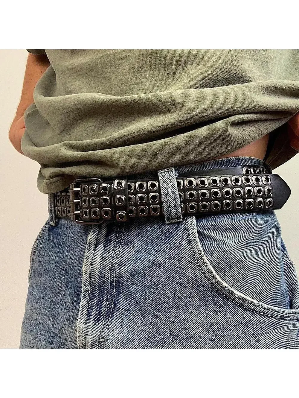 Cyber Y2K Style Dark Silver Studded Belt Unisex